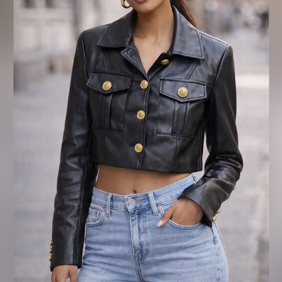 7 For All Mankind Jackets & Blazers - NWOT 7 For All Mankind Faux Leather Cropped Jacket with Gold Buttons